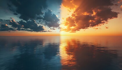 Fototapeta premium Stunning sunset over calm ocean, with divided colors showcasing the beauty of twilight and reflective water.