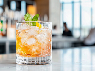 Cocktail close up in a bar setting. Blurred people in the background. Selective focus on the icy drink and glass 