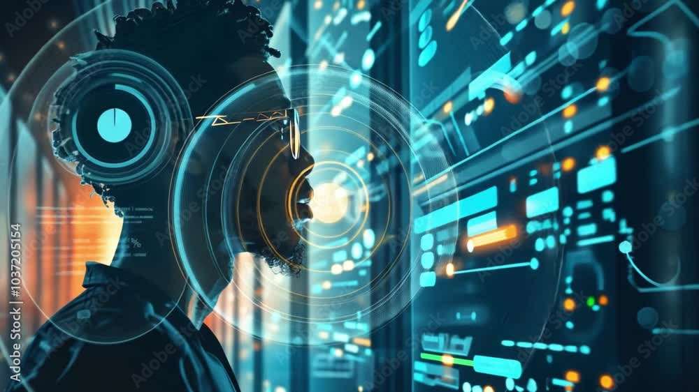 Poster A person stands in profile, deeply engaged with glowing digital data projections in a modern tech setting, reflecting innovation and curiosity during nighttime.