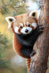 Charming red panda peeking from a tree in a lush natural habitat
