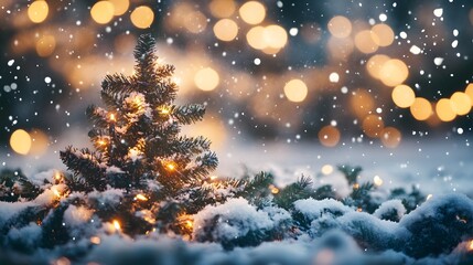 Naklejka premium Snowy Christmas Tree with Lights and Bokeh