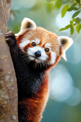 Fototapeta premium Captivating close-up of a red panda peeking from a tree with a lush green background