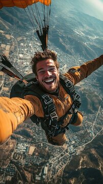 A joyful man descends with parachute.
