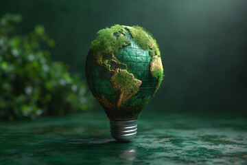 Earth Day concept. Green energy. Renewable energy light bulb with green energy.