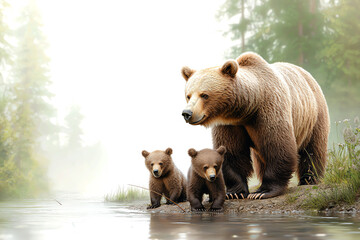 Obraz premium A grizzly mother and her cubs by the serene river in a misty forest landscape