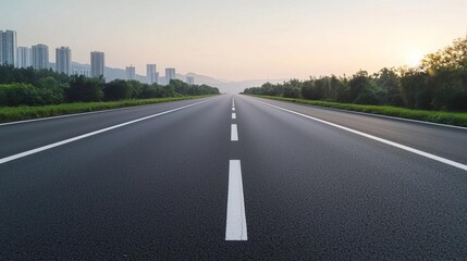 Fototapeta premium A smooth highway surrounded by minimalistic urban structures and natural green areas, with soft sunlight creating a peaceful atmosphere, urban road, serene landscape