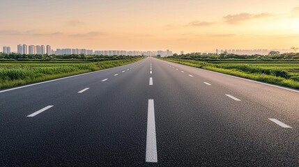 Naklejka premium A smooth highway surrounded by minimalistic urban structures and natural green areas, with soft sunlight creating a peaceful atmosphere, urban road, serene landscape