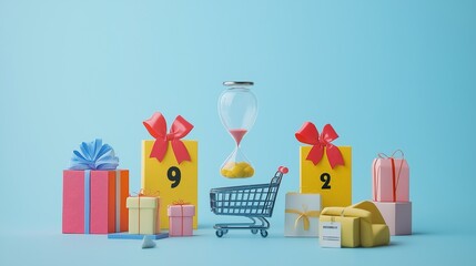 The single day concepts, Prominent number or date, Shopping cart, Discount tags, Gift boxes. Generative AI illustration.