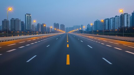 Fototapeta premium A city highway leading through modern urban structures with calm reflections in nearby water bodies, captured during a quiet evening, urban highway, serene evening