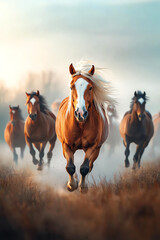 Fototapeta premium Majestic horses galloping through misty landscape capturing the spirit of freedom and nature's beauty