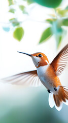 Fototapeta premium A vibrant hummingbird in motion amidst lush greenery captured in stunning detail