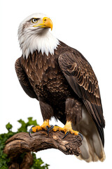 Obraz premium Majestic bald eagle perched gracefully on a branch showcasing its imposing presence and striking features against a pure white background