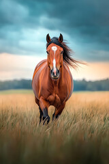 Obraz premium Majestic horse galloping through a golden field under dramatic skies