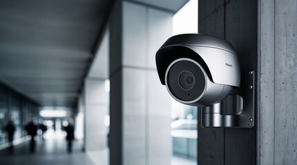 Modern Surveillance Camera Overseeing Urban Street with Motion Blur of Passing Pedestrians