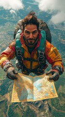 Fototapeta premium Skydiver examines map mid-air.
