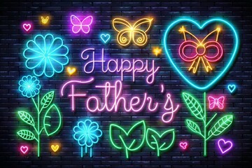Neon sign for Father's Day on brick wall background