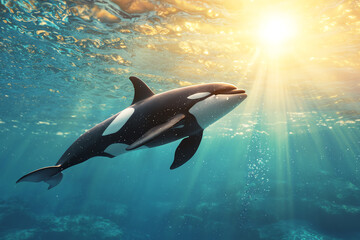 Obraz premium Graceful orca swimming in sunlit ocean waters a stunning underwater scene