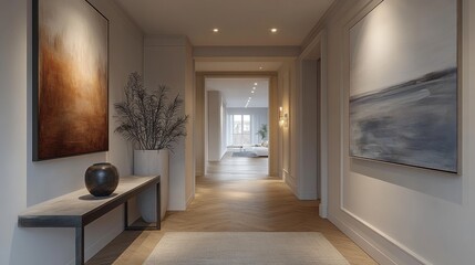 Modern hallway with artwork and elegant decor.