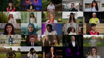 Close-up of one person, gradually zooming out to reveal grid of 25 diverse individuals, showing unique expressions and emotions. Portraits slowly disappear in random order, leaving only black screen.