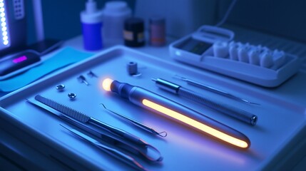 Close-up of a medical tray with various tools, including a glowing medical device, in a sterile and modern medical setting.