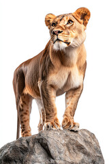Obraz premium Majestic lioness standing proudly on a rock symbolizing strength and grace in wildlife