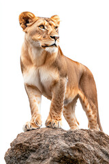 Obraz premium Majestic lioness standing proudly on a rocky outcrop symbolizing strength and grace in the wilderness