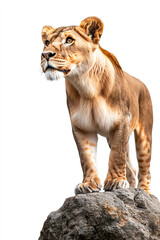 Obraz premium Majestic lioness standing proudly on a rocky outcrop against a clear background