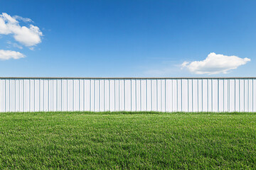 A white metal fence stands tall in front of a wide green grassy field with a bright blue sky and scattered clouds above
