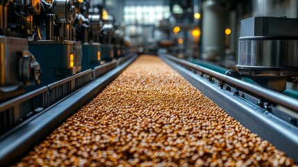 Fototapeta premium Golden barley grains on conveyor.