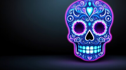 Fototapeta premium A vibrant, decorative skull with intricate patterns and glowing colors, set against a dark background, creating a striking and festive appearance.