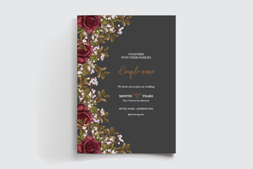WEDDING INVITATION FRAME WITH FLOWER DECORATIONS AND FRESH LEAVES 