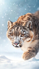 Obraz premium Majestic snow leopard in a winter wonderland unraveling the beauty of nature's hunters amidst falling snowflakes