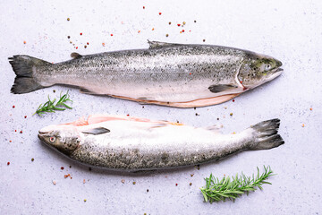 Big raw salmon with herbs and spices on the wooden tray on light marble background top view.
