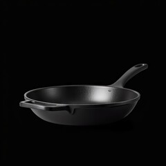 Generative, AI, black frying pan on dark background, sleek design, modern kitchenware, reflective surface.

