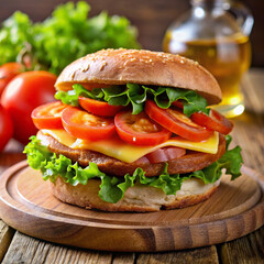 Sandwich with lettuce tomato cheese bacon on rustic wooden board