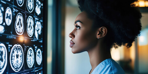 Black female doctor looking neurological brain scans on large screen.