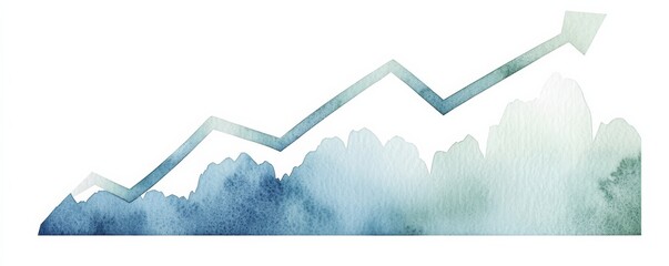 Watercolor line chart with upward curve, representing profit margins, clean area for copy space