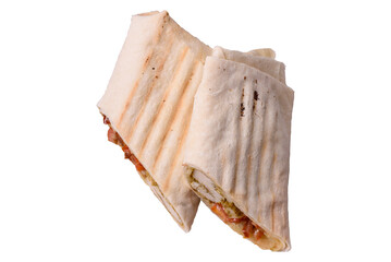 Roll with pita, meat, tomatoes, cheese, sauce, salt and spices