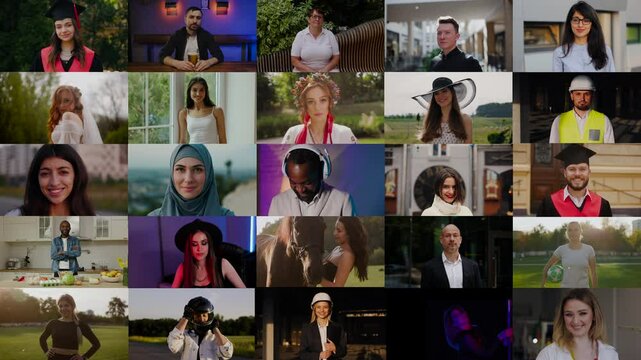 Multiple Screen Montage of a diverse group of 25 individuals from different professions, cultural backgrounds, and life stages are portrayed in various emotional states.