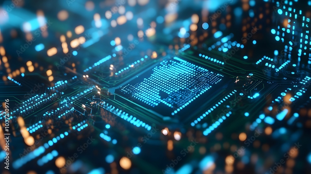 Fototapete A close-up of a futuristic microchip or circuit board illuminated with blue light, showcasing intricate patterns and technology.