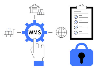 Warehouse management system gear icon in the center with elements like warehouse, checklist, hand cursor, global sphere, and security lock, all in minimalistic flat style. Ideal for inventory
