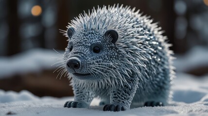 Obraz premium A close-up of a hedgehog standing on a snowy forest floor with a blurred forest background, looking towards the right of the frame.