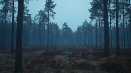 Obraz premium A misty forest path with tall pine trees on either side.