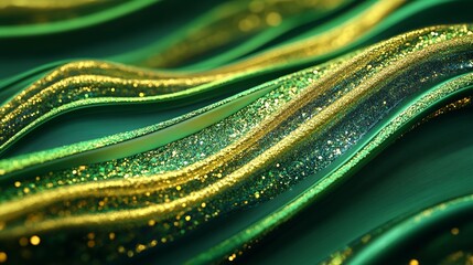 Abstract Swirling Lines of Gold and Green with Glittering Effect on Dark Background