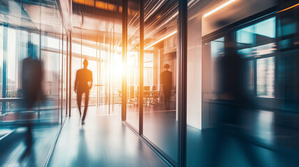 Blurred office corridor with glass walls, portraying a sleek and modern corporate atmosphere with professionals walking by in motion.