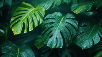Fototapeta premium Lush green tropical leaves with raindrops.