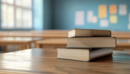 Book Pile on Empty Blank Wooden Desk in Cozy Library Setting