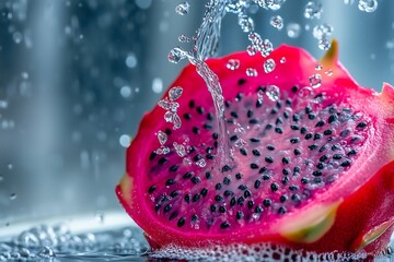 Closeup of a pink dragon fruit with water splashing over it.