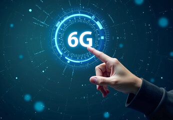 A man's hand presses a button with the inscription 6G in a virtual space, abstract background