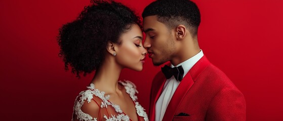 A youthful African-American couple in formal attire sharing a kiss against a crimson backdrop.